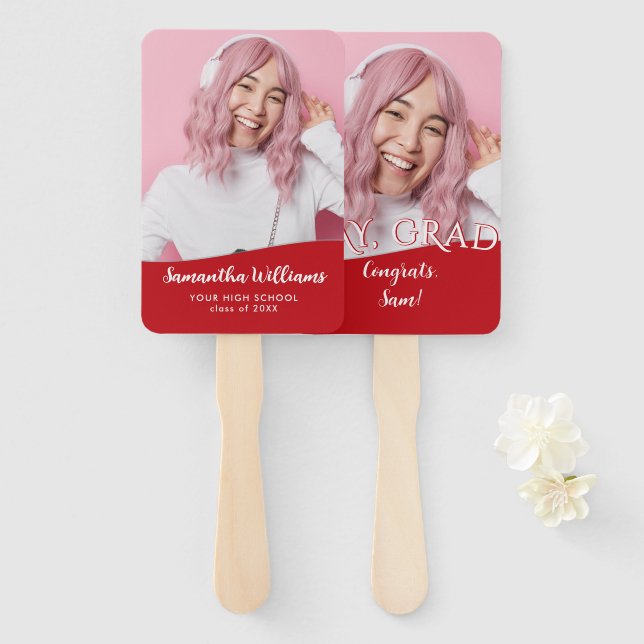 Graduate 2 Photo Script Yay Grad Personalised Hand Fan (Front and Back)
