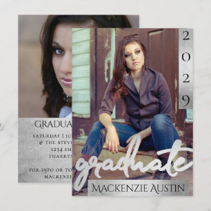 Graduate 2 Photo   Silver Script Brush Graduation Invitation