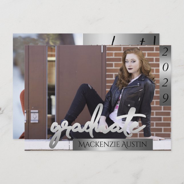 Graduate 2 Photo | Silver Script Brush Graduation Invitation (Front/Back)