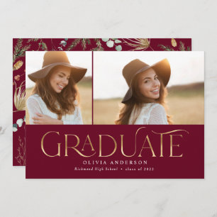 Graduate 2 photo watercolor botanical burgundy announcement