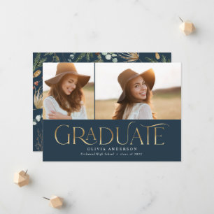 Graduate 2 photo watercolor botanical navy blue announcement