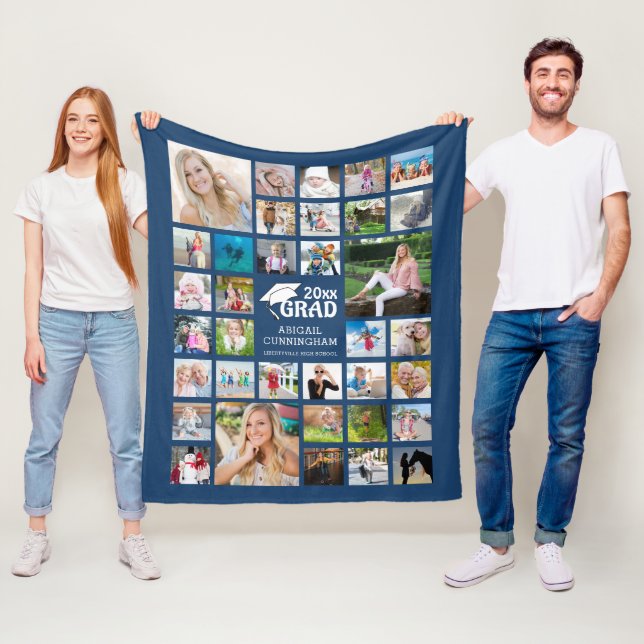 Graduate 35 Photo Collage Commemorative Blue Fleece Blanket (In Situ)