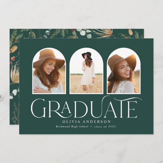 Graduate 3 photo arch watercolor botanical floral  announcement (Front/Back)