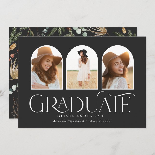 Graduate 3 photo arch watercolor botanical floral announcement (Front/Back)