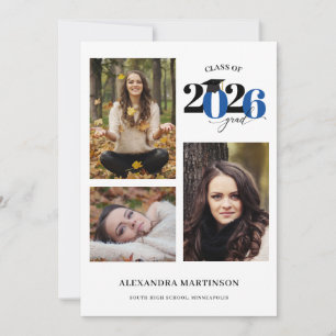 Graduate 3 Photo Collage Blue Class of 2022 Invitation