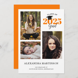 Graduate 3 Photo Collage Orange Graduation Invitation