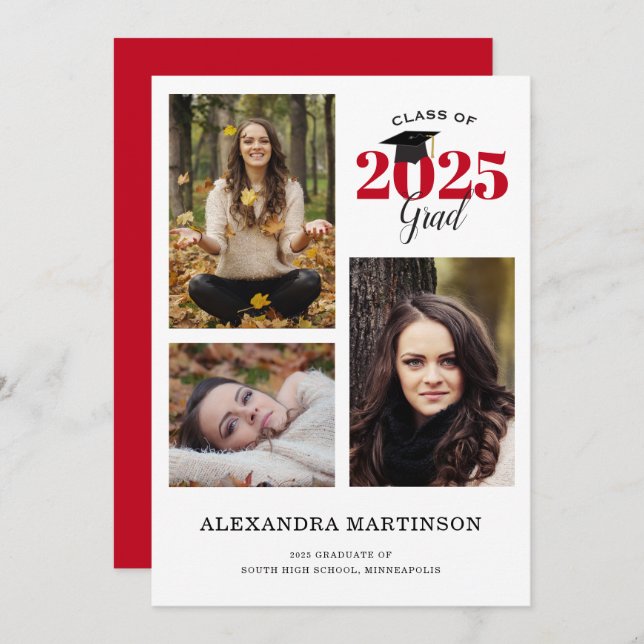 Graduate 3 Photo Collage Red Graduation Invitation (Front/Back)