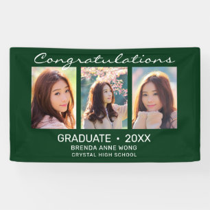 Graduate 3 Photo Collage White Script Green 2023 Banner