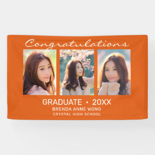 Graduate 3 Photo Collage White Script Orange 2021 Banner
