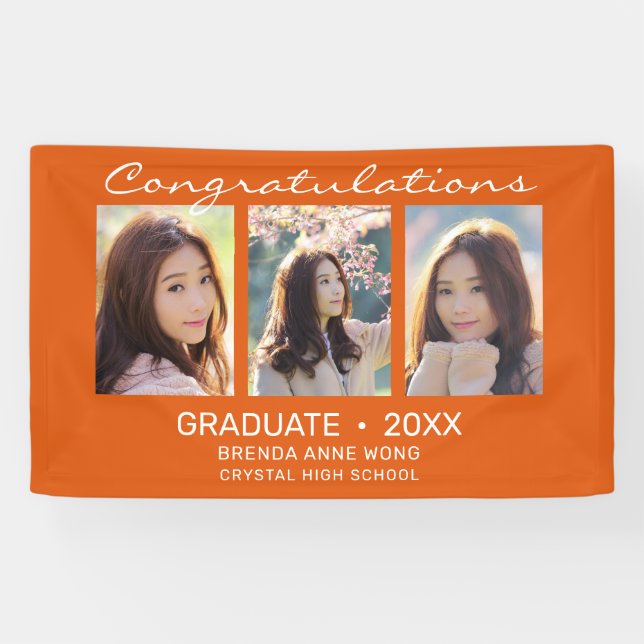Graduate 3 Photo Collage White Script Orange 2023 Banner (Horizontal)