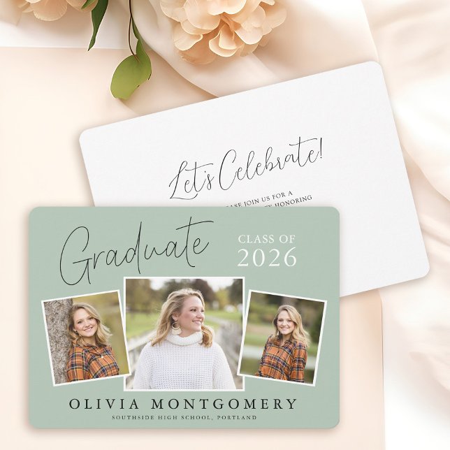 Graduate 3 Photo Modern Script Graduation Party Invitation (Creator Uploaded)