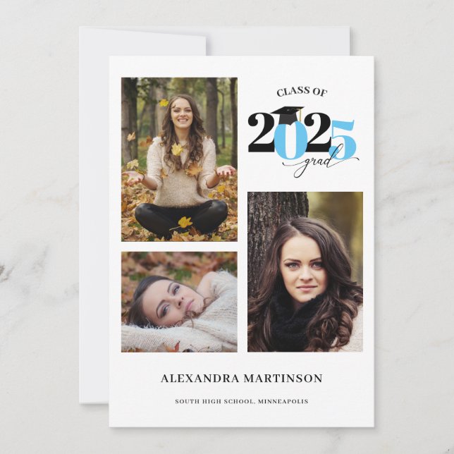 Graduate 3 Photos Collage Light Blue Class of 2025 Invitation (Front)