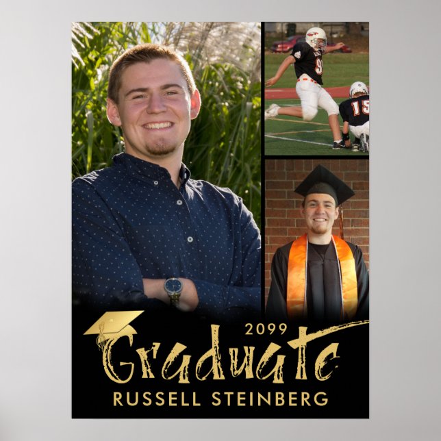 Graduate 3 Photos Gold Brush Typography Poster (Front)