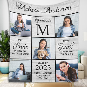 Graduate 5 Photo Collage Grey Rustic Graduation Fleece Blanket