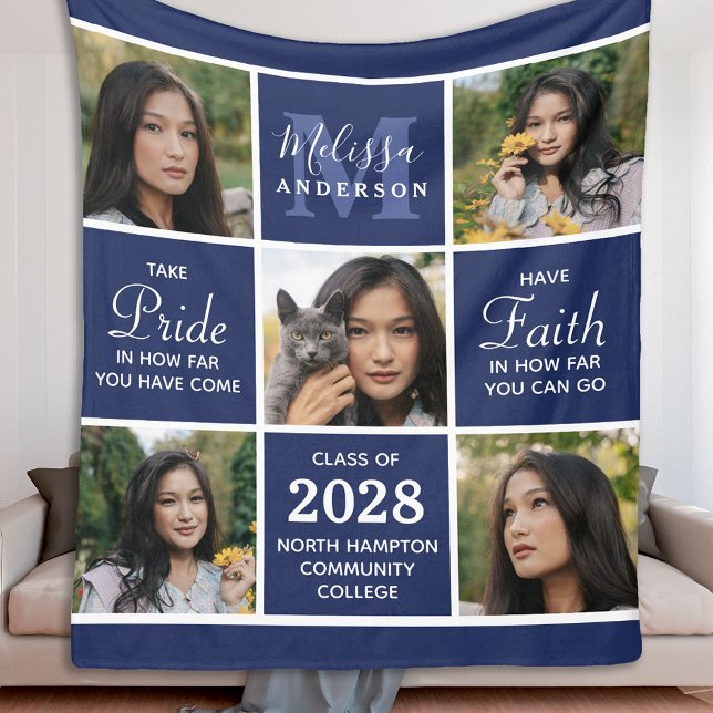 Graduate 5 Photo Collage Navy Blue Graduation Fleece Blanket (Creator Uploaded)