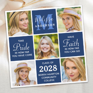Graduate 5 Photo Monogram Navy Blue Graduation  Invitation
