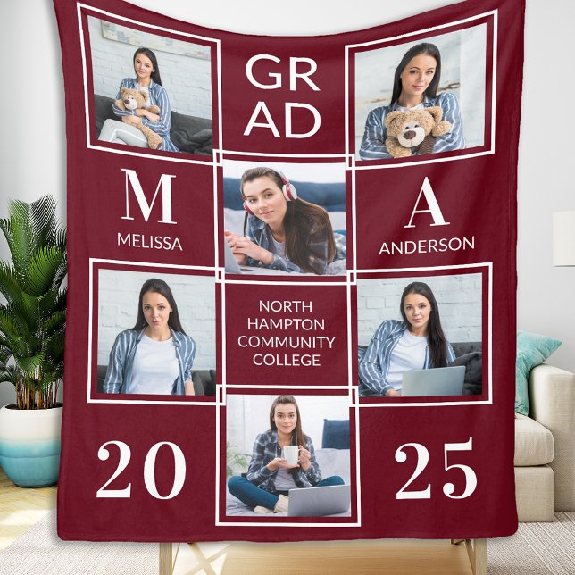 Graduate 6 Photo Collage Burgundy Graduation Fleece Blanket (Creator Uploaded)