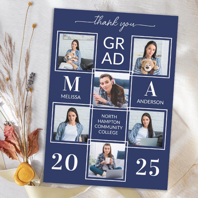 Graduate 6 Photo Personalised Navy Blue Graduation Thank You Card (Creator Uploaded)