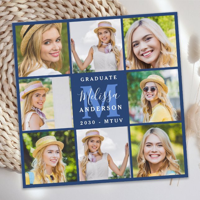 Graduate 8 Photo Collage Navy Blue Graduation Announcement (Creator Uploaded)