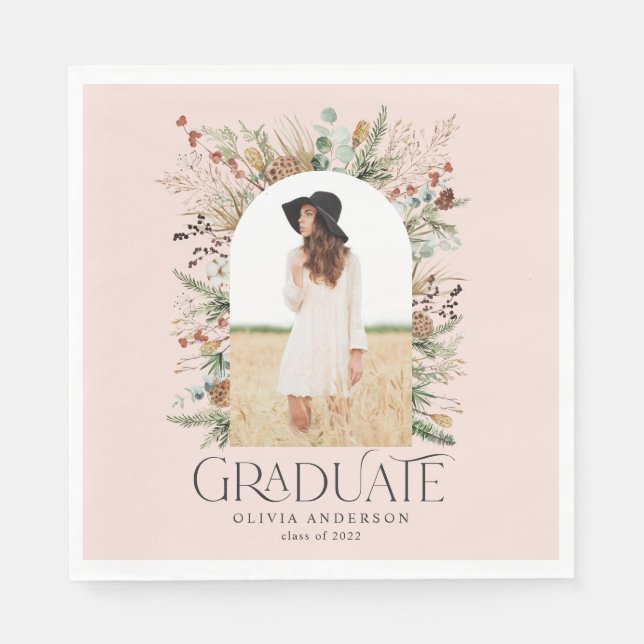 Graduate arch 1 photo pink botanical party napkin (Front)