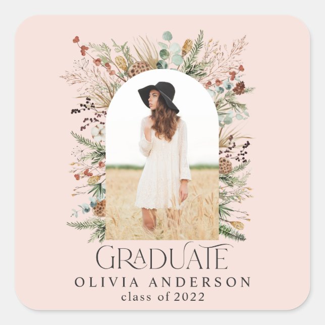 Graduate arch photo terracotta botanical pink square sticker (Front)