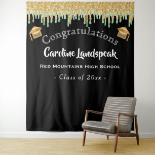 Graduate Backdrop Green Gold Glitter Dripping Tapestry
