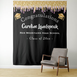 Graduate Backdrop Pink Gold Glitter Dripping Tapestry