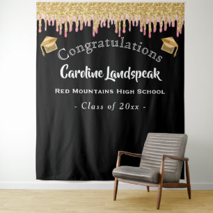 Graduate Backdrop Soft Red Gold Glitter Dripping Tapestry