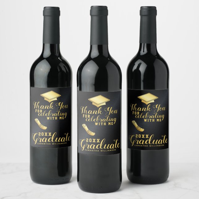 Graduate Black and Gold Thank You Graduation Wine Label (Bottles)