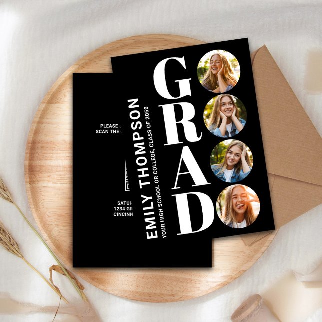 Graduate Black and White Photo Collage Custom Invitation (Graduate "GRAD" typography photo collage invitation announcement. )