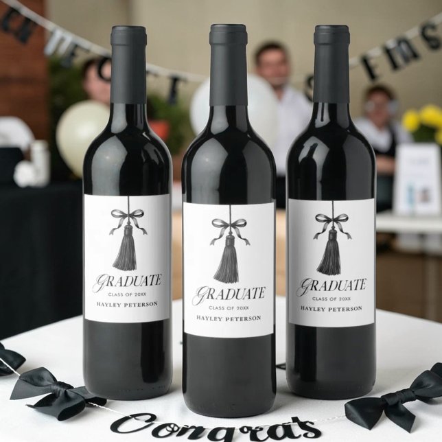 Graduate Black Bow Tassel Graduation Favours Wine Label (Creator Uploaded)
