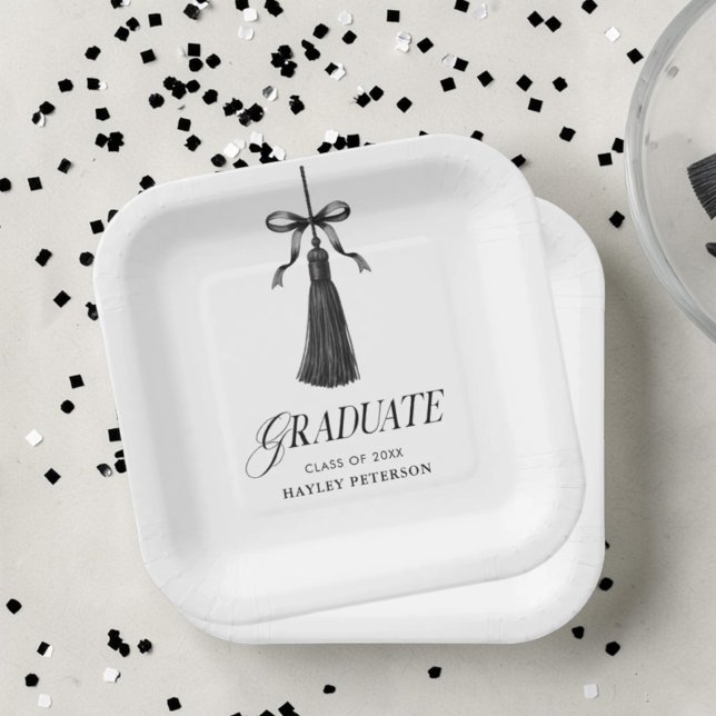 Graduate Black Bow Tassel Graduation Party Paper Plate (Creator Uploaded)