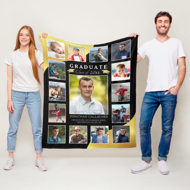 Graduate Black Gold 15 Photo Collage  Fleece Blanket (In Situ)