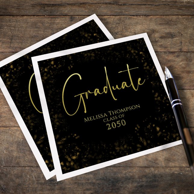 Graduate Black Gold Calligraphy Class of Custom Napkin (Black and gold graduate napkins with elegant script and custom Class of year design.)