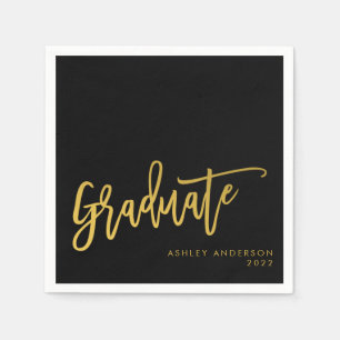 Graduate Black Gold Calligraphy Script Party Napkin