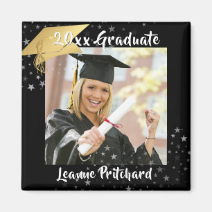 Graduate Black Gold Cap Brush Script Photo Stars Magnet
