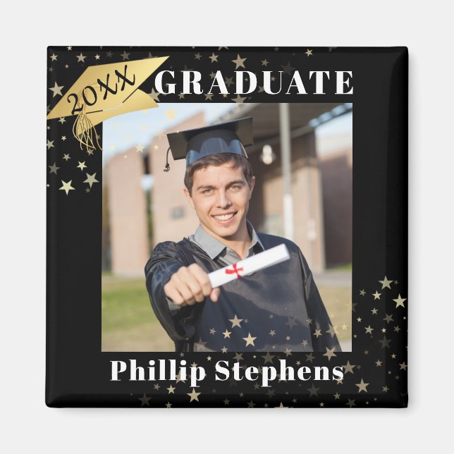 Graduate Black Gold Cap Photo Stars Your Colour Magnet (Front)