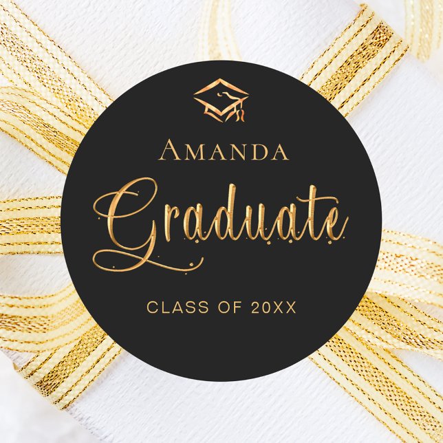 Graduate black gold name cap elegant classic round sticker (Creator Uploaded)
