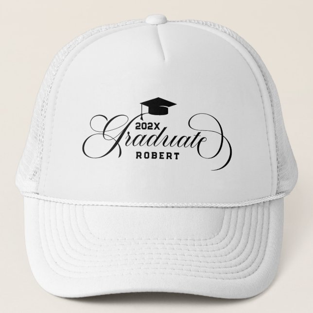 Graduate-Black Script Typography Custom Text Trucker Hat (Front)