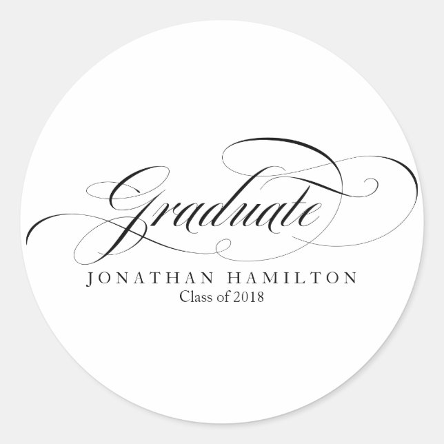 Graduate Black & White Elegant Script Graduation Classic Round Sticker (Front)