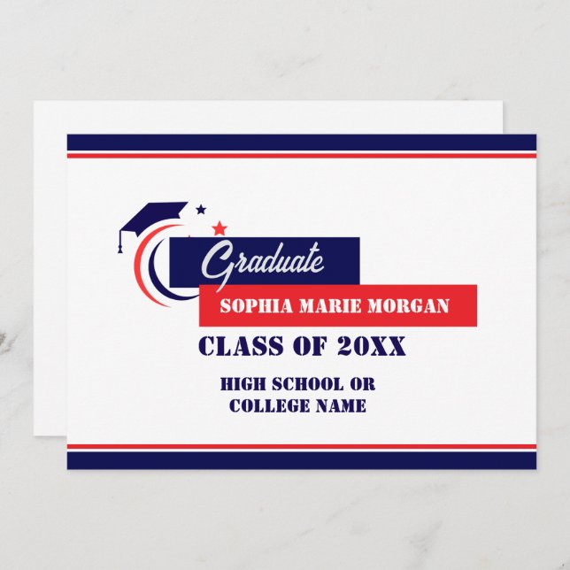 Graduate Blue Red White Graduate Announcement (Front/Back)