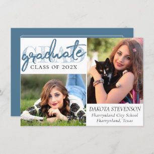 Graduate Blue Script Cool Brush 2 Photo Keepsake Invitation