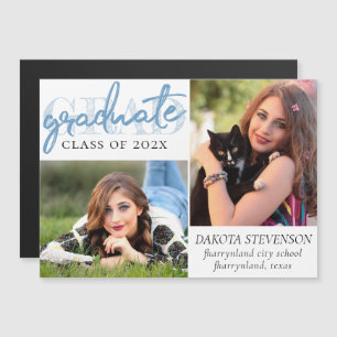 Graduate Blue Script Cool Brush 2 Photo Keepsake Magnetic Invitation