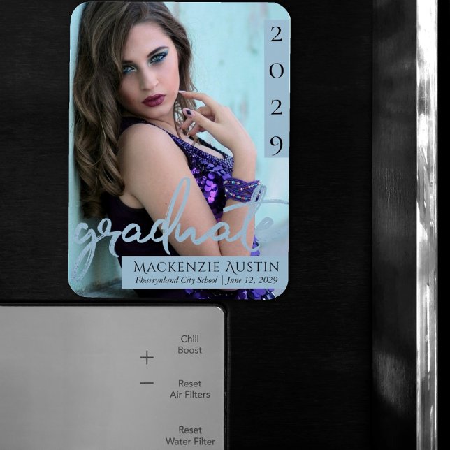 Graduate Blue Script | Cool Brush Photo Keepsake Magnet (Creator Uploaded)