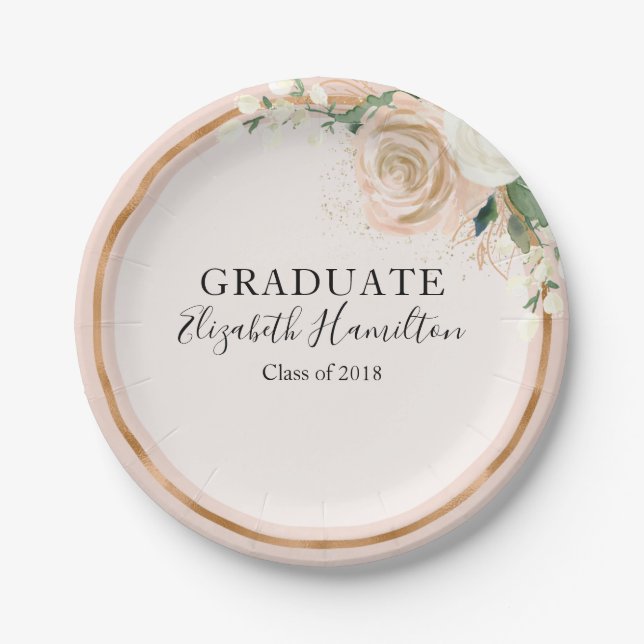 Graduate Blush & Rose Gold Modern Chic Floral Paper Plate (Front)