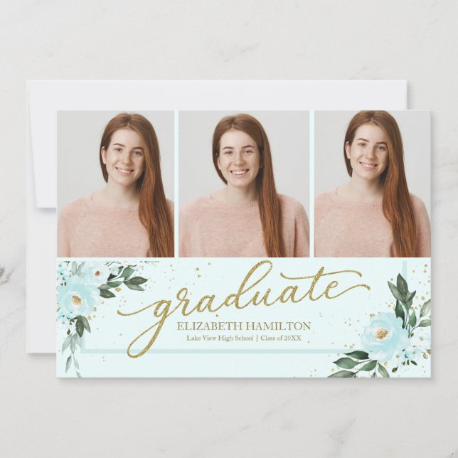 Graduate Blush Teal Grad Announcement 3 Photo (Front)