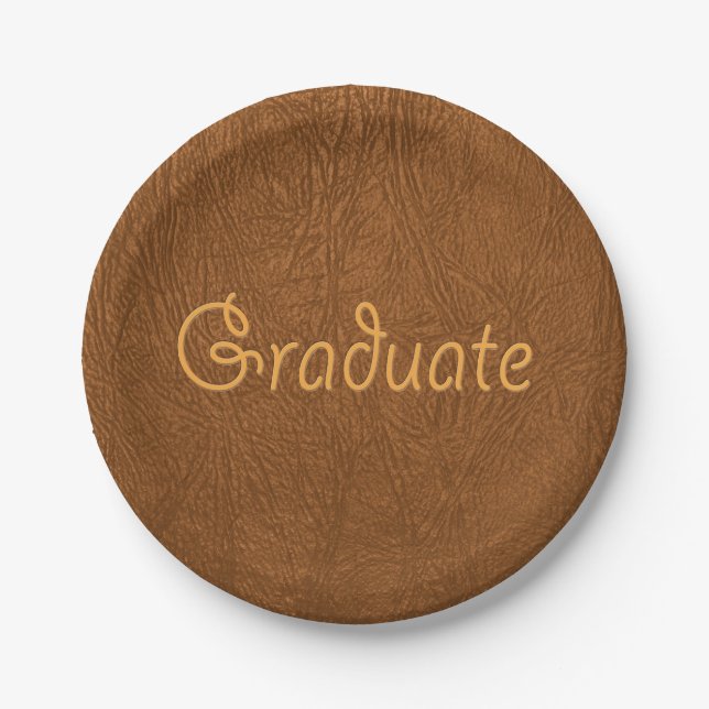 Graduate Brown Cowhide Leather Texture Look Paper Plate (Front)