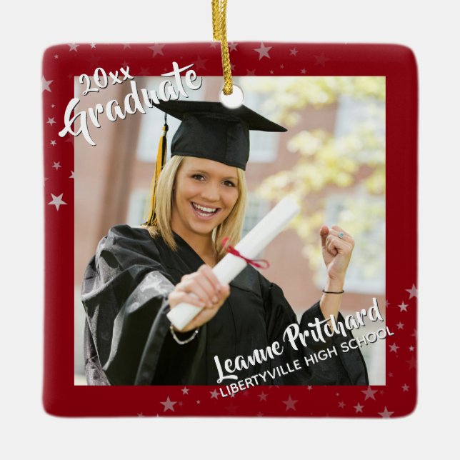 Graduate Brush Script Photo Editable Red Ceramic Ornament (Front)