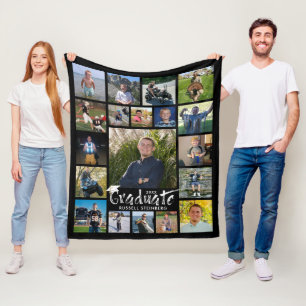 Graduate Brush Typography 19 Photo Collage Black Fleece Blanket