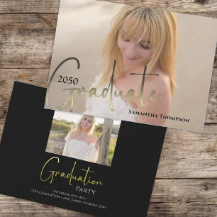 Graduate Calligraphy Script Black Gold Two Photo Invitation
